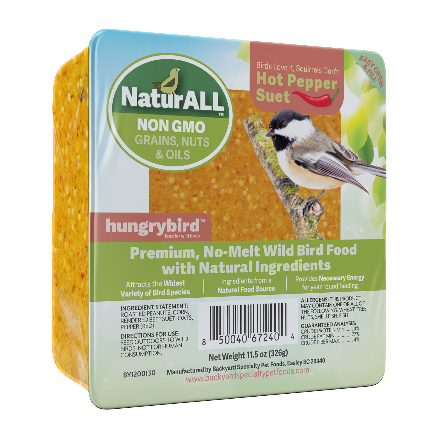 Hungrybird Naturall Non Gmo Suet Cake Hot Pepper Angled 12 Oz